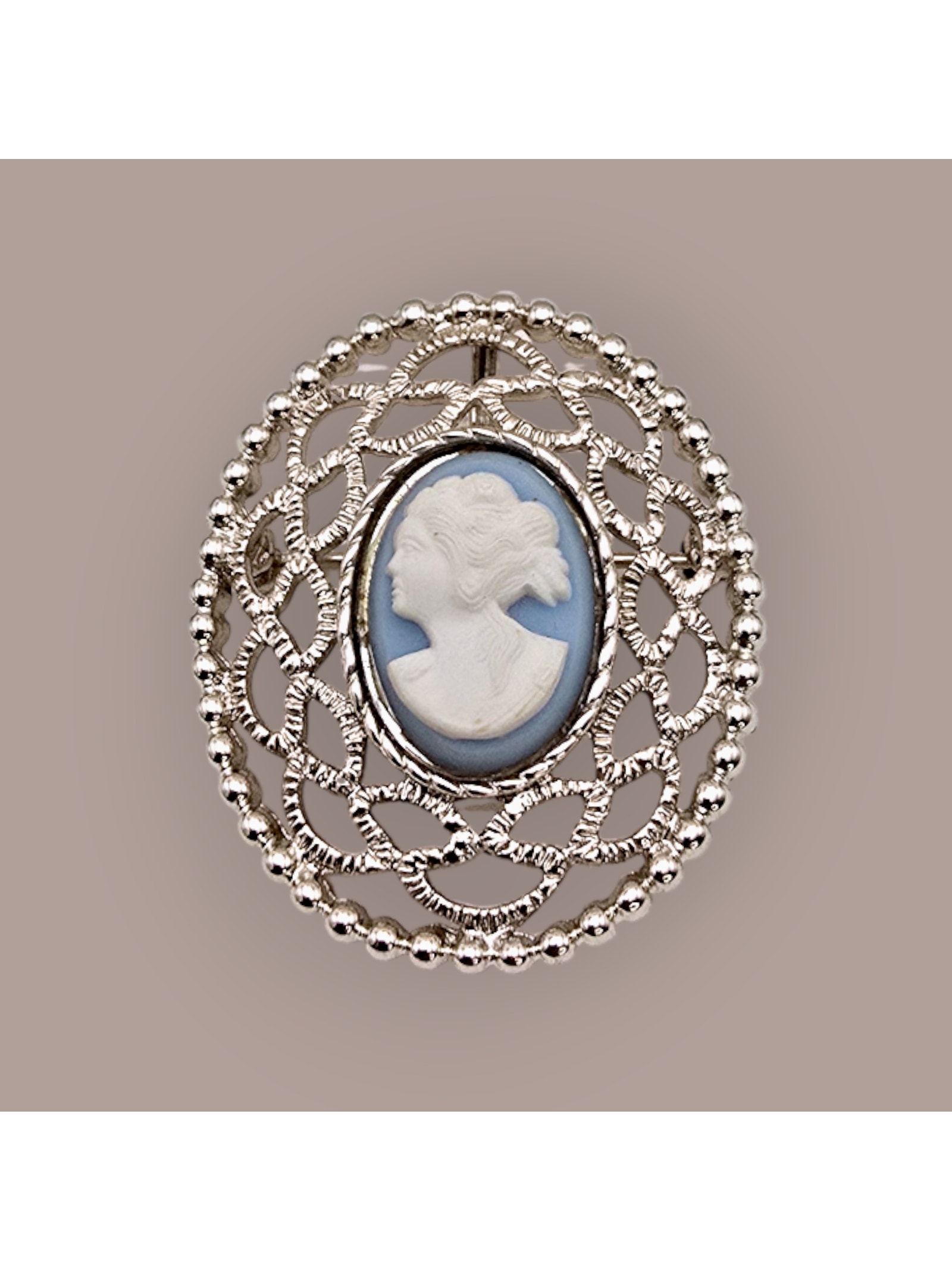 Sarah Coventry Blue Cameo Filigree Brooch, Left Facing Victorian Revival Vintage